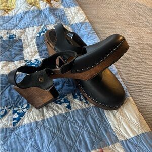 Black Leather Clogs with Wooden Heel